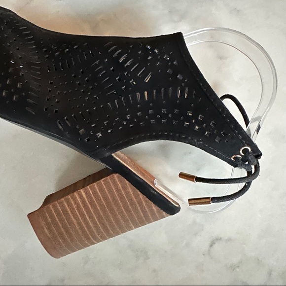 Black stacked heel Laser cut heels tie up - Picture 2 of 4